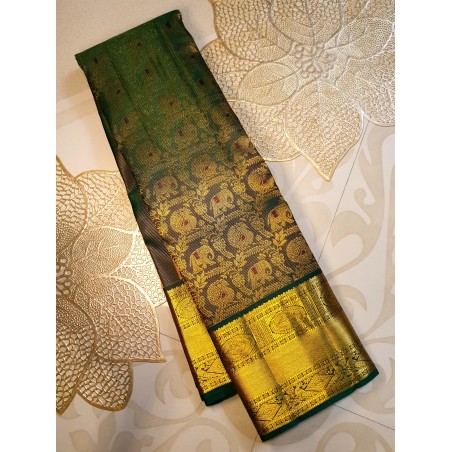 2G Pure Kanjivaram Silk Saree Deep Olive Green with Elephant & Peacock Zari Motifs and Antique Gold Zari Border | Prahla Silks