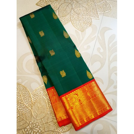 2G Pure Kanjivaram Silk Saree Dark Green with Red Gold Zari Border | Prahla Silks