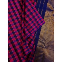 2G Pure Kanjivaram Silk Saree Rani Pink with Royal Blue Checks and Gold Zari | Prahla Silks