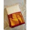 2G Pure Kanjivaram Silk Saree Off White with Chilli Red Peacock Gold Zari Border | Prahla Silks