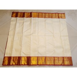 2G Pure Kanjivaram Silk Saree Off White with Chilli Red Peacock Gold Zari Border | Prahla Silks