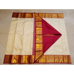 2G Pure Kanjivaram Silk Saree Off White with Chilli Red Peacock Gold Zari Border | Prahla Silks
