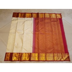 2G Pure Kanjivaram Silk Saree Off White with Chilli Red Peacock Gold Zari Border | Prahla Silks