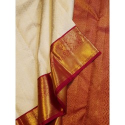 2G Pure Kanjivaram Silk Saree Off White with Chilli Red Peacock Gold Zari Border | Prahla Silks