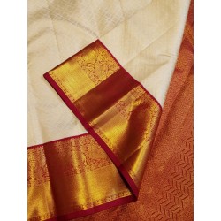 2G Pure Kanjivaram Silk Saree Off White with Chilli Red Peacock Gold Zari Border | Prahla Silks