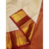 2G Pure Kanjivaram Silk Saree Off White with Chilli Red Peacock Gold Zari Border | Prahla Silks