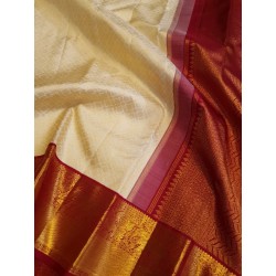 2G Pure Kanjivaram Silk Saree Off White with Chilli Red Peacock Gold Zari Border | Prahla Silks