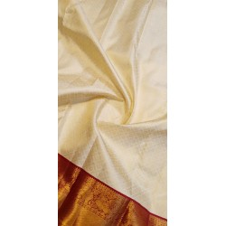 2G Pure Kanjivaram Silk Saree Off White with Chilli Red Peacock Gold Zari Border | Prahla Silks