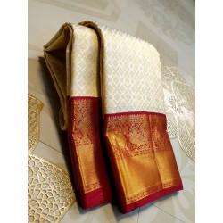 2G Pure Kanjivaram Silk Saree Off White with Chilli Red Peacock Gold Zari Border | Prahla Silks