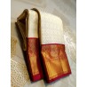 2G Pure Kanjivaram Silk Saree Off White with Chilli Red Peacock Gold Zari Border | Prahla Silks