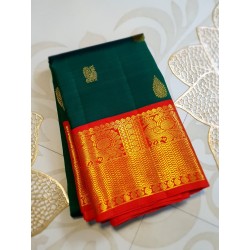 2G Pure Kanjivaram Silk Saree Dark Green with Red Gold Zari Border | Prahla Silks