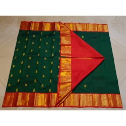 2G Pure Kanjivaram Silk Saree Dark Green with Red Gold Zari Border | Prahla Silks