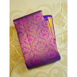 2G Pure Kanjivaram Silk Saree Royal Purple & Royal Blue with Traditional Gold Zari Border | Prahla Silks