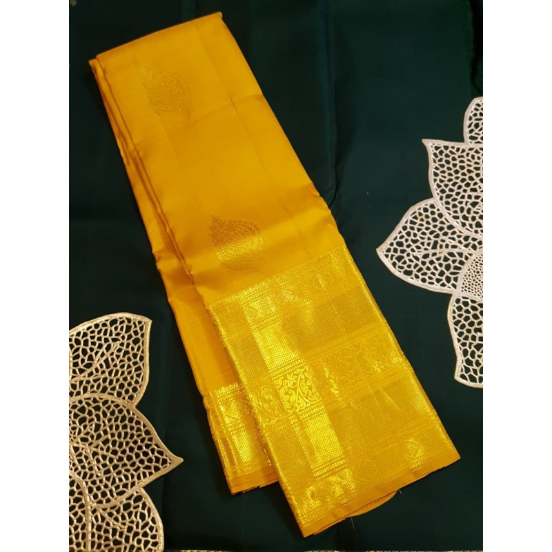 2G Pure Kanjivaram Silk Saree with Buttas and Grand Zari Border- Yellow | Prahla Silks