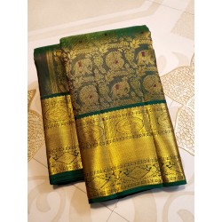 2G Pure Kanjivaram Silk Saree Deep Olive Green with Elephant & Peacock Zari Motifs and Antique Gold Zari Border | Prahla Silks
