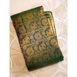 2G Pure Kanjivaram Silk Saree Deep Olive Green with Elephant & Peacock Zari Motifs and Antique Gold Zari Border | Prahla Silks