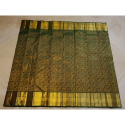 2G Pure Kanjivaram Silk Saree Deep Olive Green with Elephant & Peacock Zari Motifs and Antique Gold Zari Border | Prahla Silks