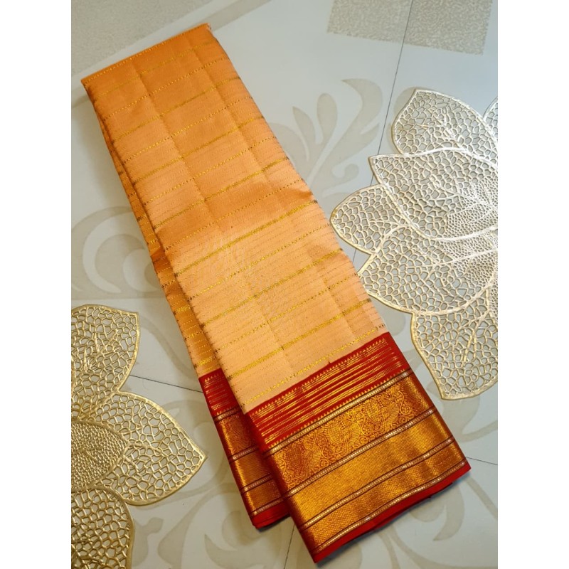 2G Pure Kanjivaram Silk Saree Peach Gold with Red Zari Border Traditional Wedding Saree | Prahla Silks