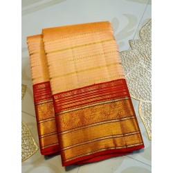 2G Pure Kanjivaram Silk Saree Peach Gold with Red Zari Border Traditional Wedding Saree | Prahla Silks