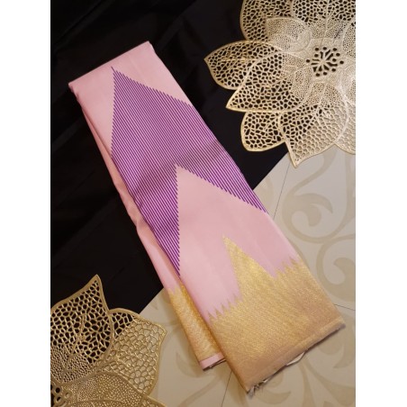 2G Pure Kanjivaram Silk Saree Baby Pink with Multicolor Chevron Geometric Design and Gold Zari Border | Prahla Silks