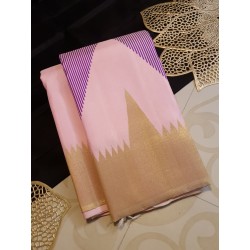 2G Pure Kanjivaram Silk Saree Baby Pink with Multicolor Chevron Geometric Design and Gold Zari Border | Prahla Silks