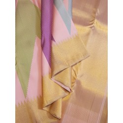 2G Pure Kanjivaram Silk Saree Baby Pink with Multicolor Chevron Geometric Design and Gold Zari Border | Prahla Silks