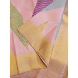 2G Pure Kanjivaram Silk Saree Baby Pink with Multicolor Chevron Geometric Design and Gold Zari Border | Prahla Silks