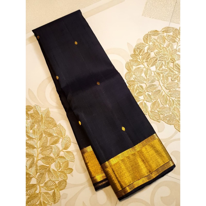 2G Pure Kanjivaram Silk Saree Black with Gold Zari Border & Small Butta | Traditional Kanchipuram Pattu Saree – Prahla Silks