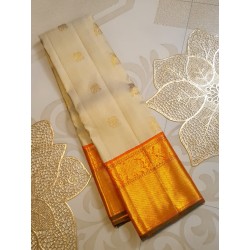 2G Pure Kanjivaram Silk Saree Off White with Mango Orange Zari Border & Annam Butta | Prahla Silks