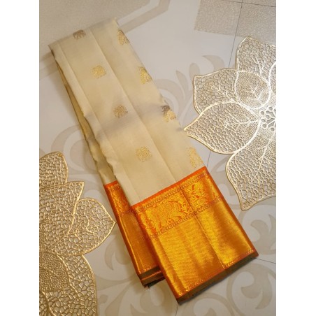 2G Pure Kanjivaram Silk Saree Off White with Mango Orange Zari Border & Annam Butta | Prahla Silks