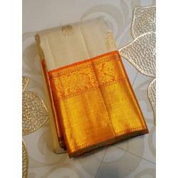 2G Pure Kanjivaram Silk Saree Off White with Mango Orange Zari Border & Annam Butta | Prahla Silks
