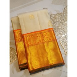 2G Pure Kanjivaram Silk Saree Off White with Mango Orange Zari Border & Annam Butta | Prahla Silks