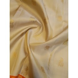 2G Pure Kanjivaram Silk Saree Off White with Mango Orange Zari Border & Annam Butta | Prahla Silks