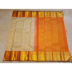 2G Pure Kanjivaram Silk Saree Off White with Mango Orange Zari Border & Annam Butta | Prahla Silks