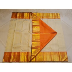 2G Pure Kanjivaram Silk Saree Off White with Mango Orange Zari Border & Annam Butta | Prahla Silks