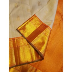2G Pure Kanjivaram Silk Saree Off White with Mango Orange Zari Border & Annam Butta | Prahla Silks