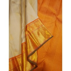 2G Pure Kanjivaram Silk Saree Off White with Mango Orange Zari Border & Annam Butta | Prahla Silks