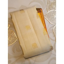 2G Pure Kanjivaram Silk Saree Off White with Mango Orange Zari Border & Annam Butta | Prahla Silks