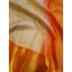 2G Pure Kanjivaram Silk Saree Off White with Mango Orange Zari Border & Annam Butta | Prahla Silks