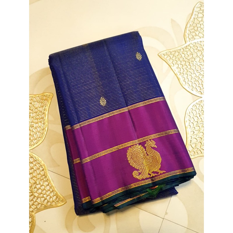2G Pure Kanjivaram Silk Saree Royal Blue with Magenta Elephant & Peacock Zari Border | Prahla Silks