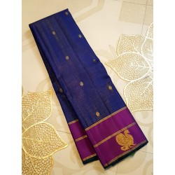 2G Pure Kanjivaram Silk Saree Royal Blue with Magenta Elephant & Peacock Zari Border | Prahla Silks