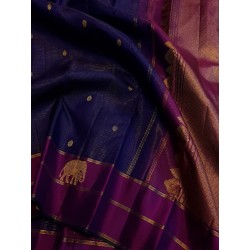 2G Pure Kanjivaram Silk Saree Royal Blue with Magenta Elephant & Peacock Zari Border | Prahla Silks