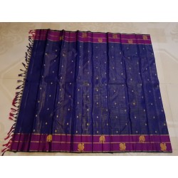 2G Pure Kanjivaram Silk Saree Royal Blue with Magenta Elephant & Peacock Zari Border | Prahla Silks