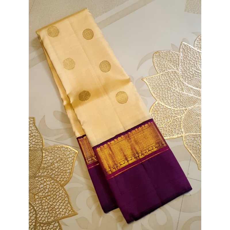 2G Pure Kanjivaram Silk Saree Sandal Colour with Purple Zari Border & Gold Butta | Prahla Silks