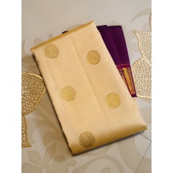 2G Pure Kanjivaram Silk Saree Sandal Colour with Purple Zari Border & Gold Butta | Prahla Silks