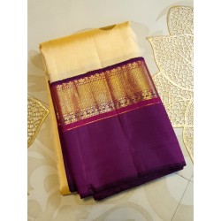 2G Pure Kanjivaram Silk Saree Sandal Colour with Purple Zari Border & Gold Butta | Prahla Silks
