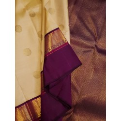 2G Pure Kanjivaram Silk Saree Sandal Colour with Purple Zari Border & Gold Butta | Prahla Silks
