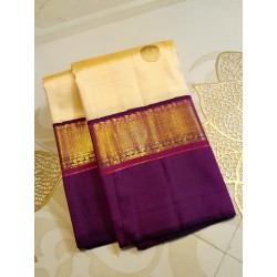 2G Pure Kanjivaram Silk Saree Sandal Colour with Purple Zari Border & Gold Butta | Prahla Silks