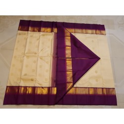2G Pure Kanjivaram Silk Saree Sandal Colour with Purple Zari Border & Gold Butta | Prahla Silks
