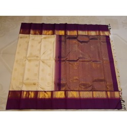 2G Pure Kanjivaram Silk Saree Sandal Colour with Purple Zari Border & Gold Butta | Prahla Silks